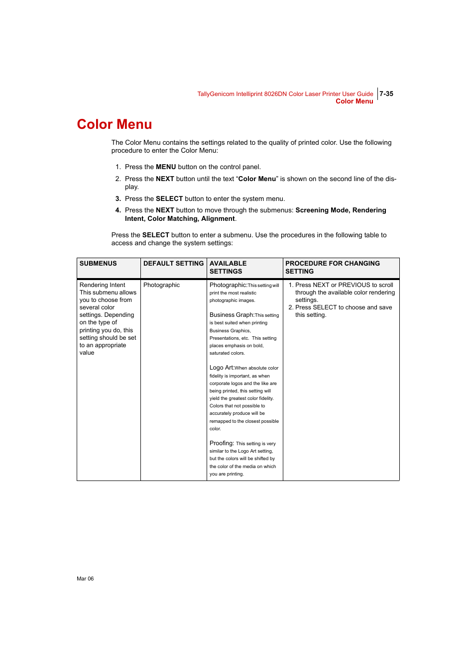 Color menu, Color menu 7-35 | Tally Genicom Intelliprint 8026DN User Manual | Page 193 / 260