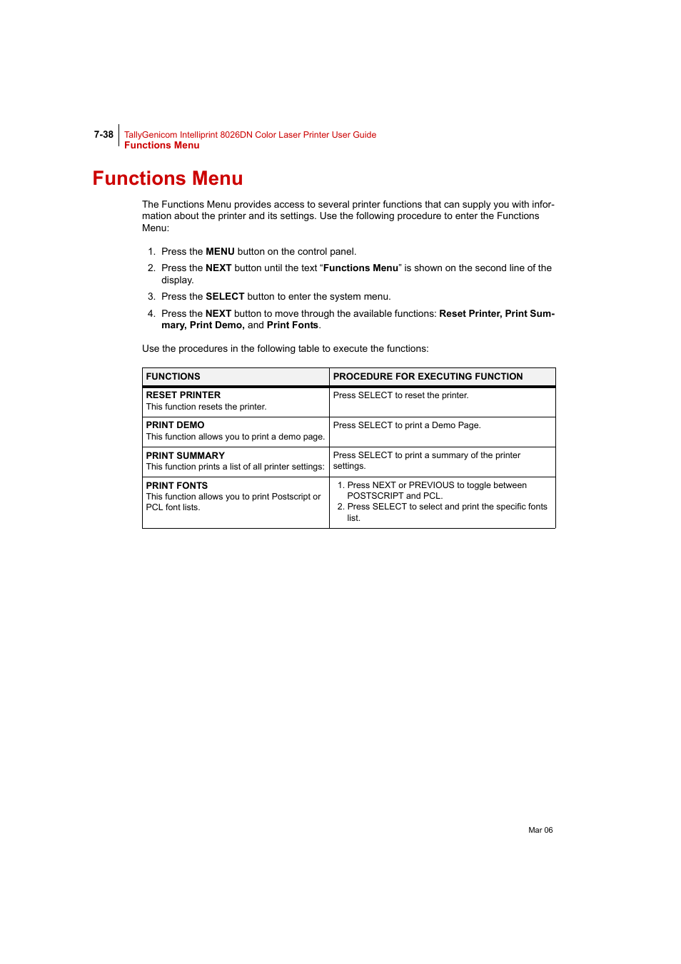 Functions menu, Functions menu 7-38 | Tally Genicom Intelliprint 8026DN User Manual | Page 196 / 260