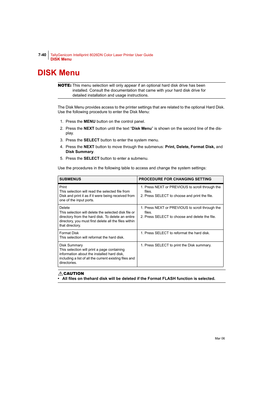 Disk menu, Disk menu 7-40 | Tally Genicom Intelliprint 8026DN User Manual | Page 198 / 260