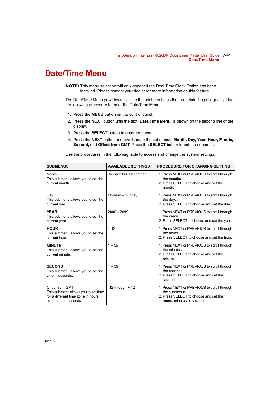 Date/time menu, Date/time menu 7-41 | Tally Genicom Intelliprint 8026DN User Manual | Page 199 / 260