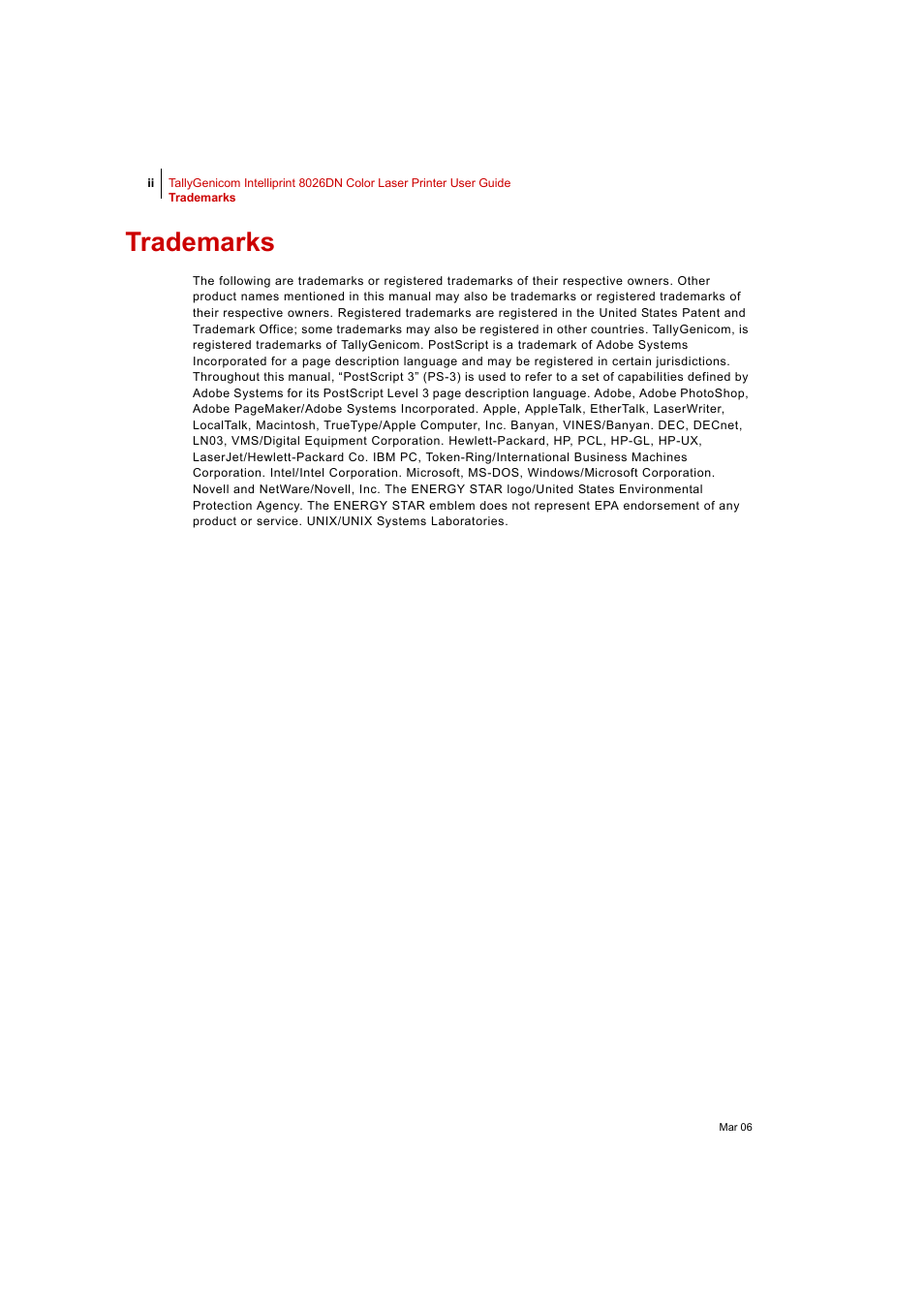 Trademarks | Tally Genicom Intelliprint 8026DN User Manual | Page 2 / 260