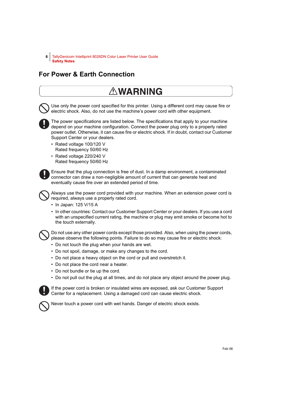 For power & earth connection, For power & earth connection 6 | Tally Genicom Intelliprint 8026DN User Manual | Page 20 / 260