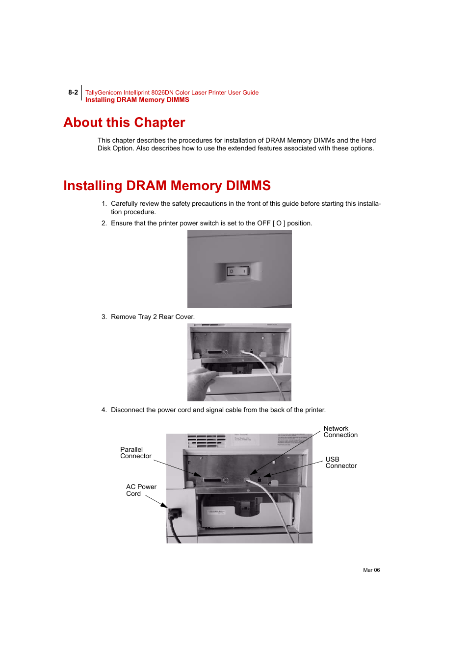 About this chapter, Installing dram memory dimms, About this chapter 8-2 | Installing dram memory dimms 8-2 | Tally Genicom Intelliprint 8026DN User Manual | Page 202 / 260