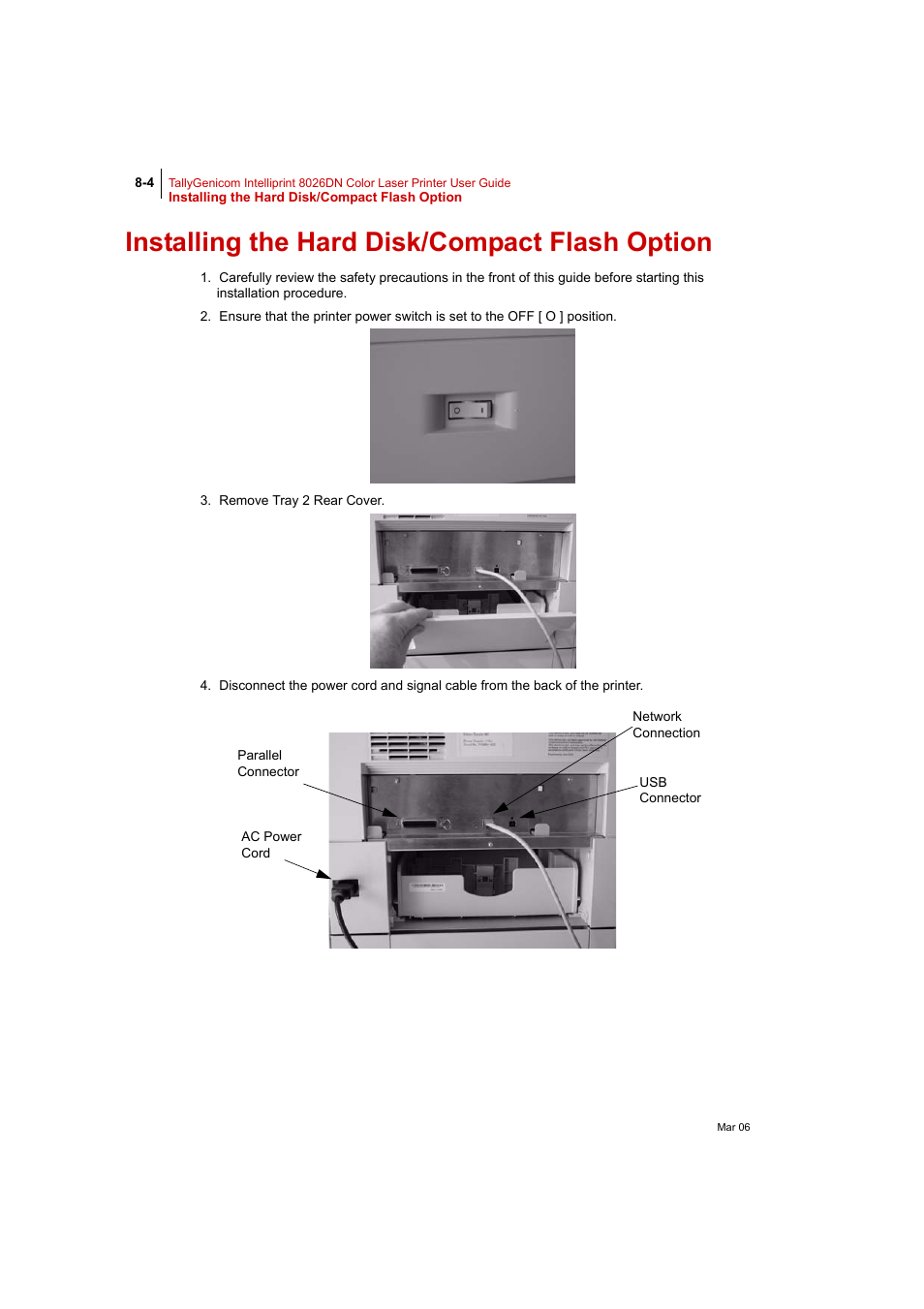Installing the hard disk/compact flash option, Installing the hard disk/compact flash option 8-4 | Tally Genicom Intelliprint 8026DN User Manual | Page 204 / 260