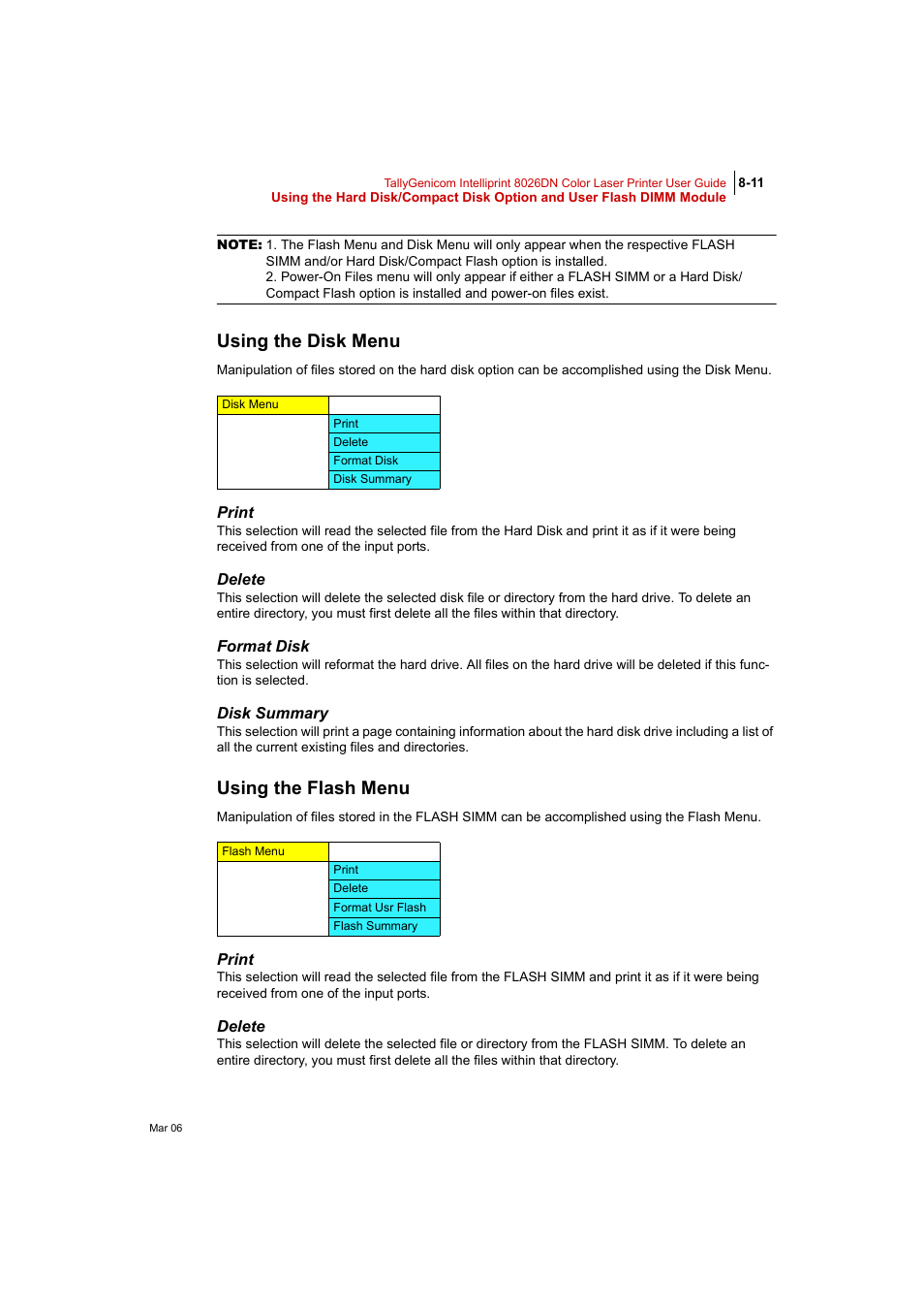 Using the disk menu, Print, Delete | Format disk, Disk summary, Using the flash menu | Tally Genicom Intelliprint 8026DN User Manual | Page 211 / 260