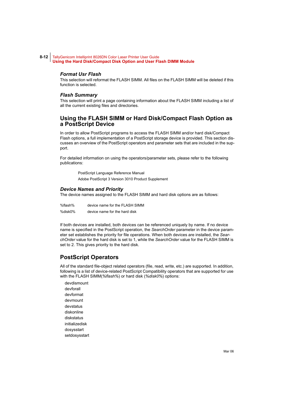 Format usr flash, Flash summary, Device names and priority | Postscript operators | Tally Genicom Intelliprint 8026DN User Manual | Page 212 / 260