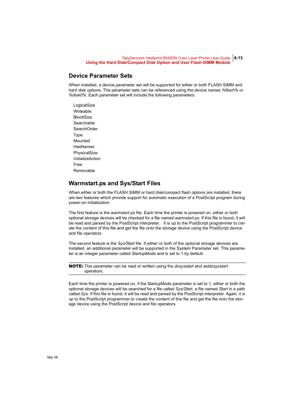 Device parameter sets, Warmstart.ps and sys/start files | Tally Genicom Intelliprint 8026DN User Manual | Page 213 / 260