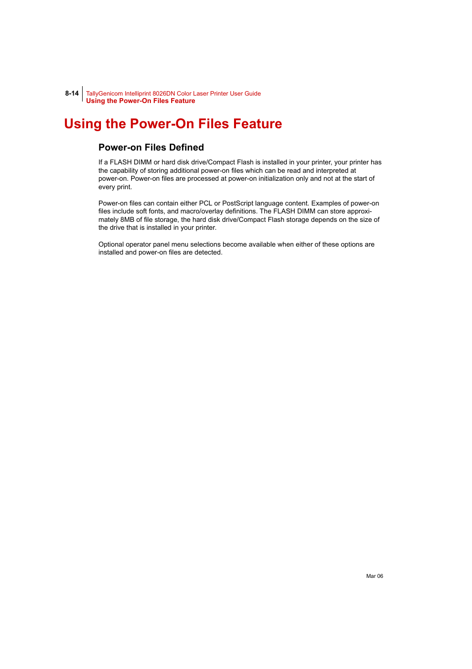 Using the power-on files feature, Power-on files defined, Using the power-on files feature 8-14 | Power-on files defined 8-14 | Tally Genicom Intelliprint 8026DN User Manual | Page 214 / 260