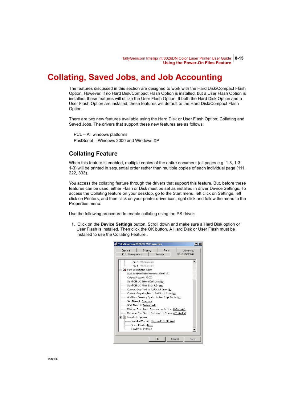 Collating, saved jobs, and job accounting, Collating feature | Tally Genicom Intelliprint 8026DN User Manual | Page 215 / 260