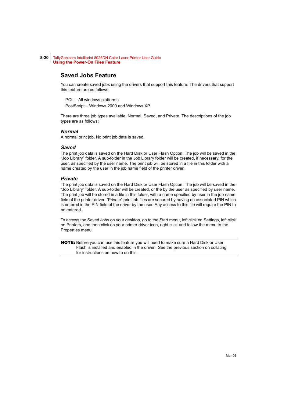Saved jobs feature, Normal, Saved | Private | Tally Genicom Intelliprint 8026DN User Manual | Page 220 / 260