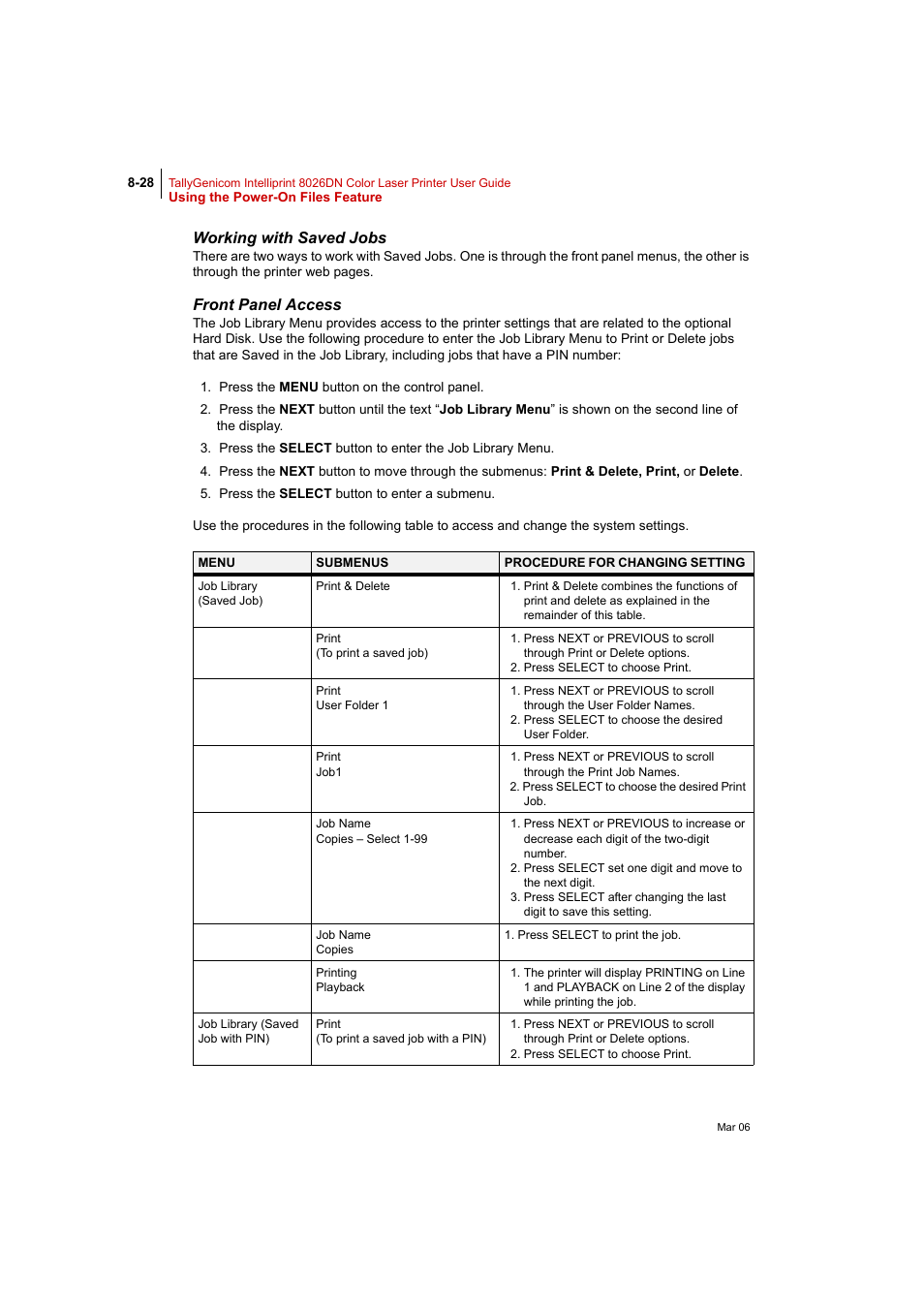 Working with saved jobs, Front panel access | Tally Genicom Intelliprint 8026DN User Manual | Page 228 / 260