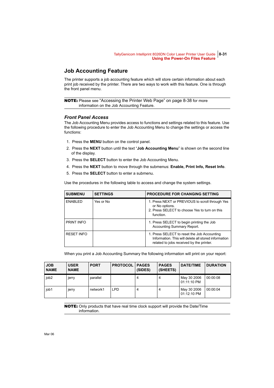 Job accounting feature, Front panel access | Tally Genicom Intelliprint 8026DN User Manual | Page 231 / 260