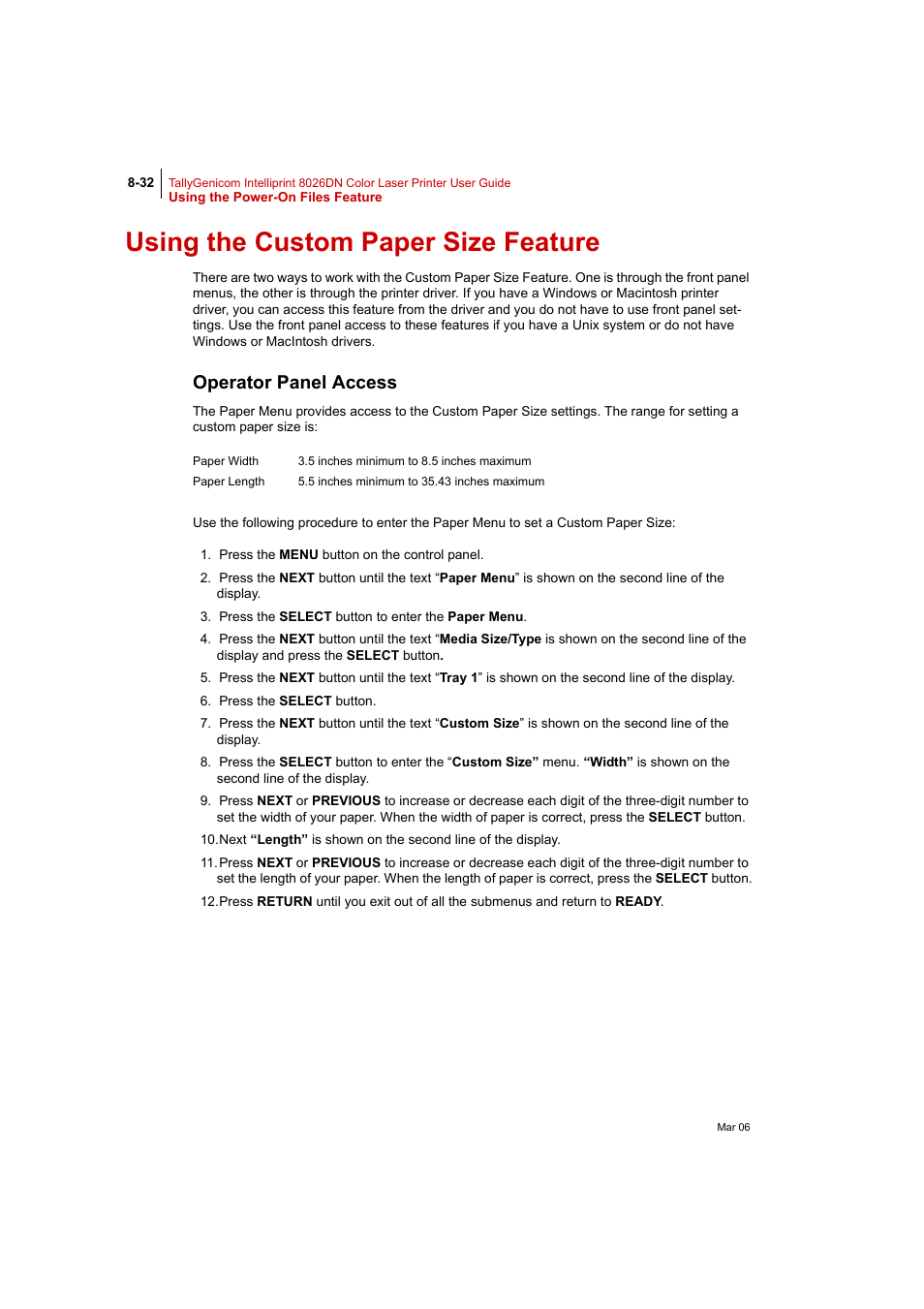 Using the custom paper size feature, Operator panel access | Tally Genicom Intelliprint 8026DN User Manual | Page 232 / 260