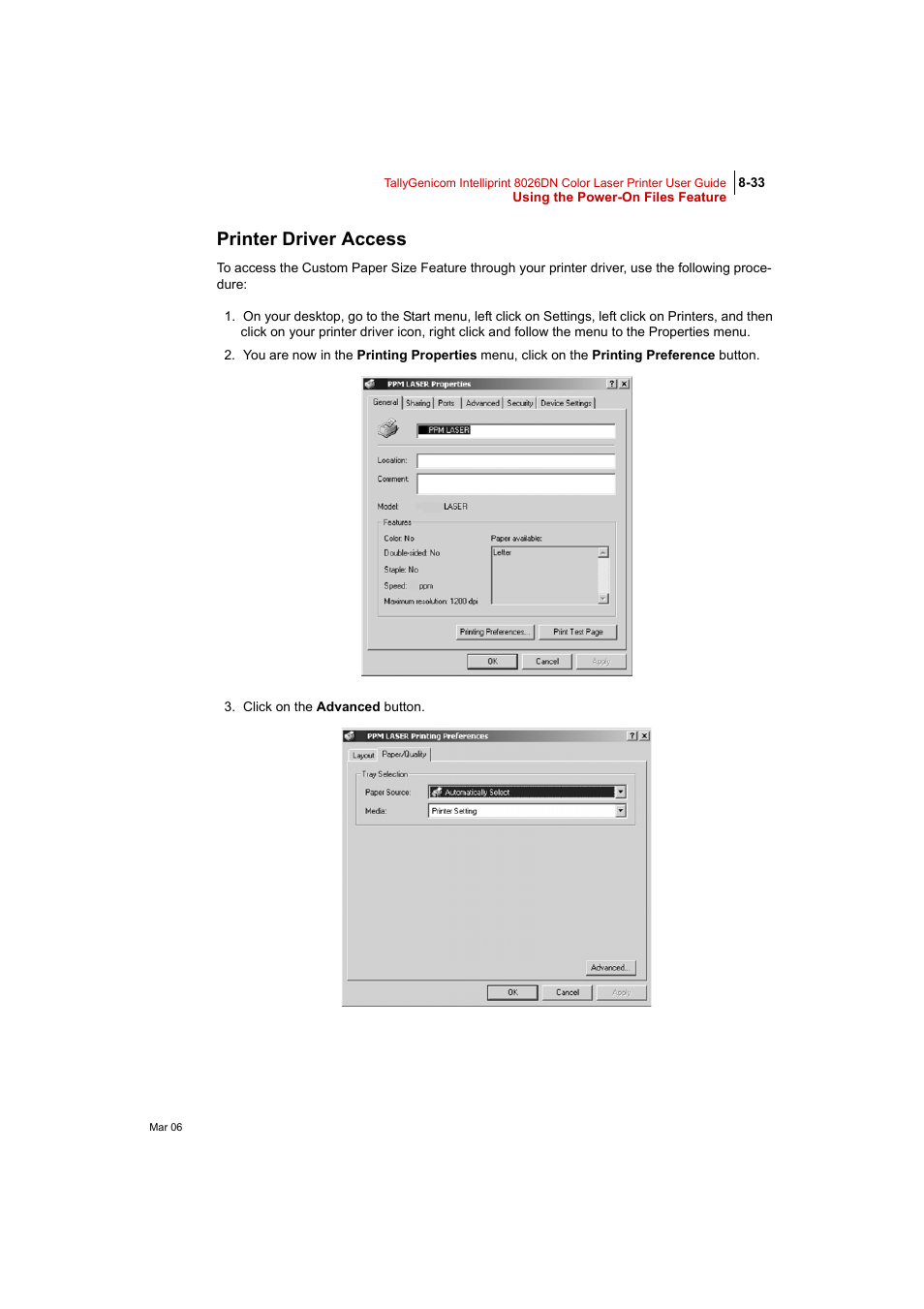 Printer driver access, Printer driver access 8-33 | Tally Genicom Intelliprint 8026DN User Manual | Page 233 / 260