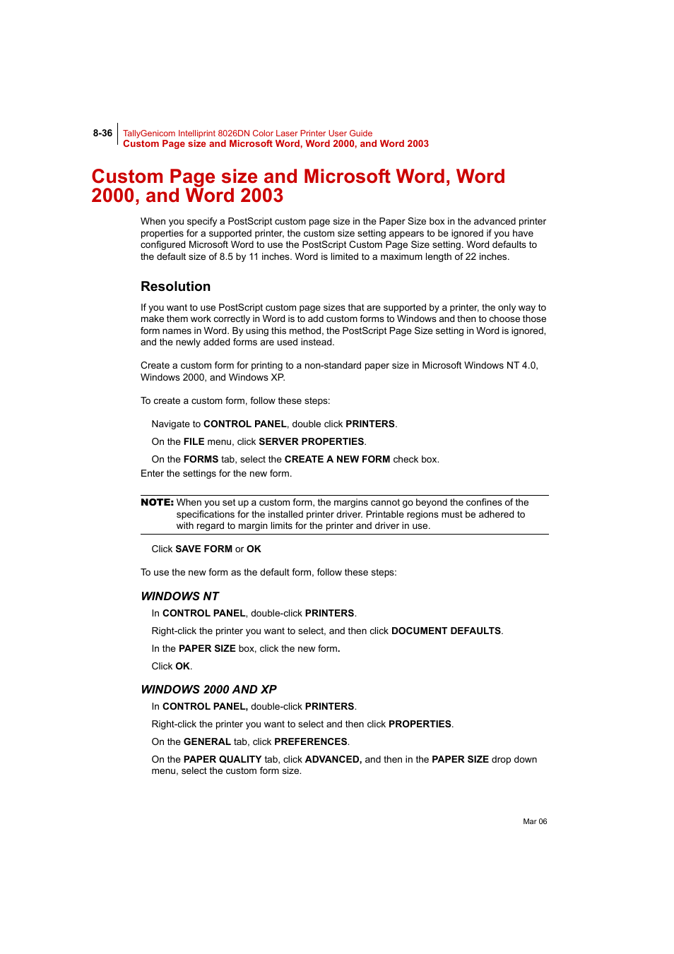 Resolution, Windows nt, Windows 2000 and xp | Tally Genicom Intelliprint 8026DN User Manual | Page 236 / 260