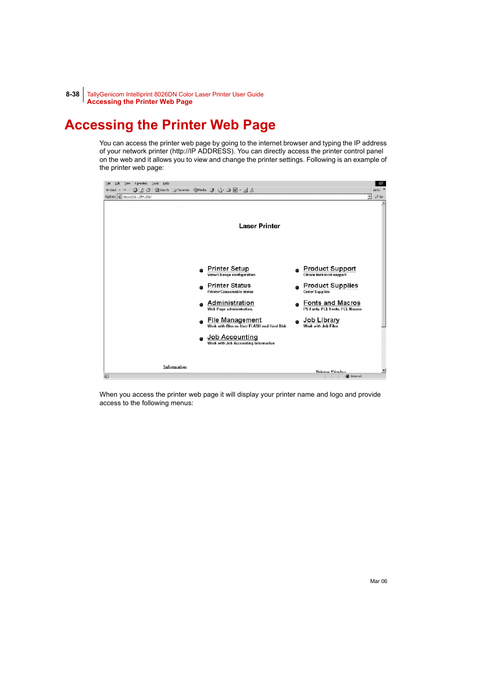 Accessing the printer web page | Tally Genicom Intelliprint 8026DN User Manual | Page 238 / 260