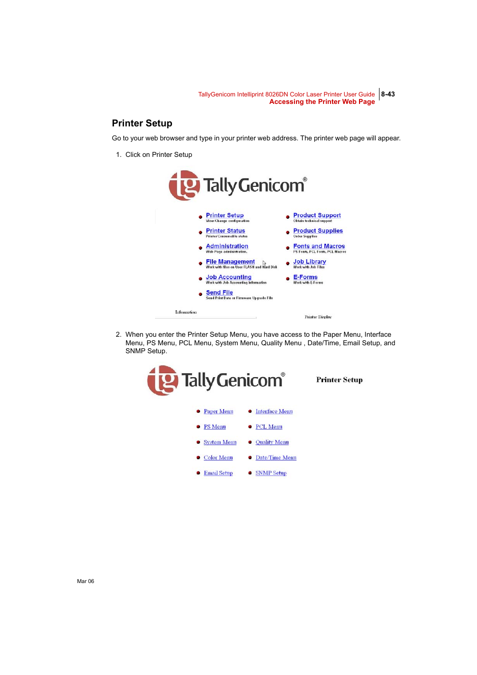 Printer setup, Printer setup 8-43 | Tally Genicom Intelliprint 8026DN User Manual | Page 243 / 260