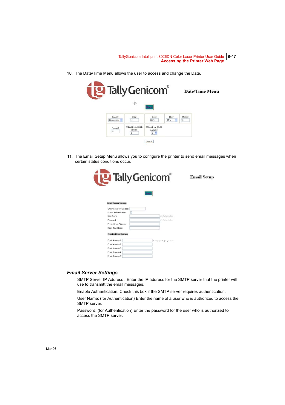 Email server settings, Email server settings 8-47 | Tally Genicom Intelliprint 8026DN User Manual | Page 247 / 260