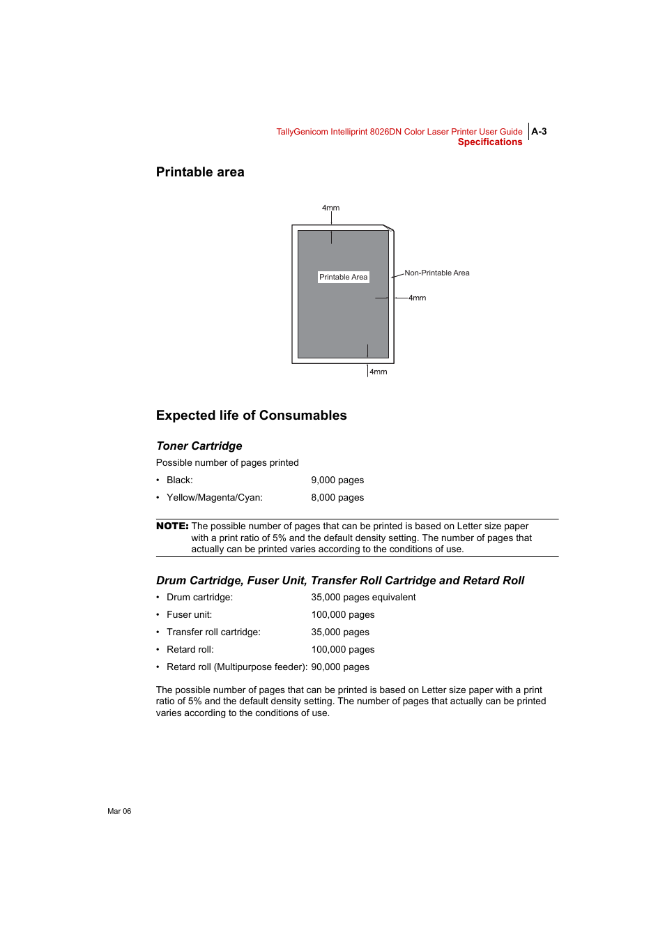 Printable area, Expected life of consumables, Toner cartridge | Printable area expected life of consumables | Tally Genicom Intelliprint 8026DN User Manual | Page 257 / 260