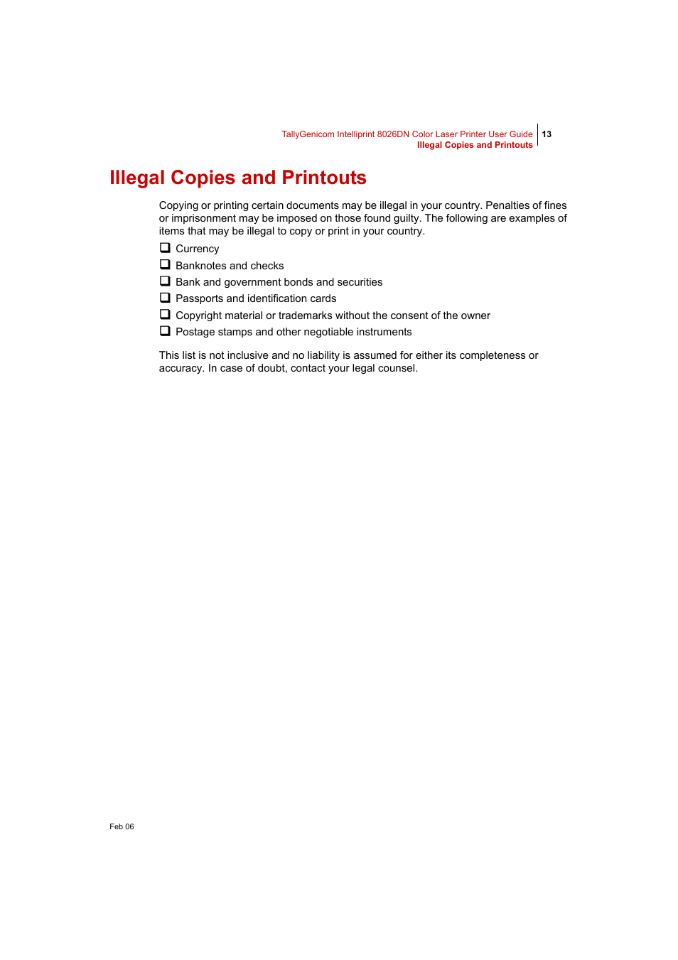 Illegal copies and printouts, Illegal copies and printouts 13 | Tally Genicom Intelliprint 8026DN User Manual | Page 27 / 260