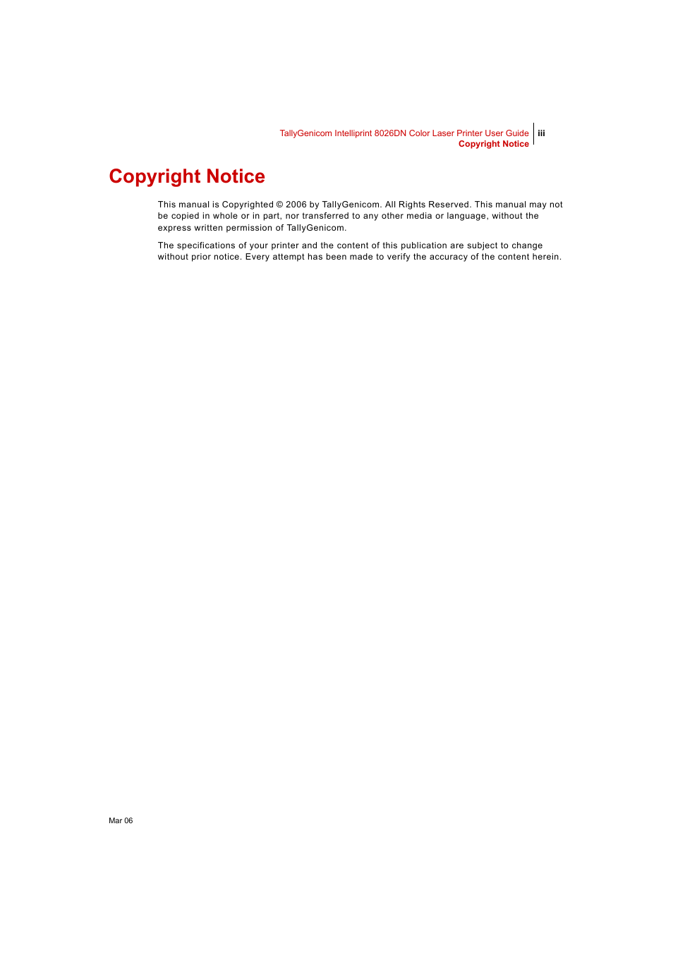 Copyright notice | Tally Genicom Intelliprint 8026DN User Manual | Page 3 / 260