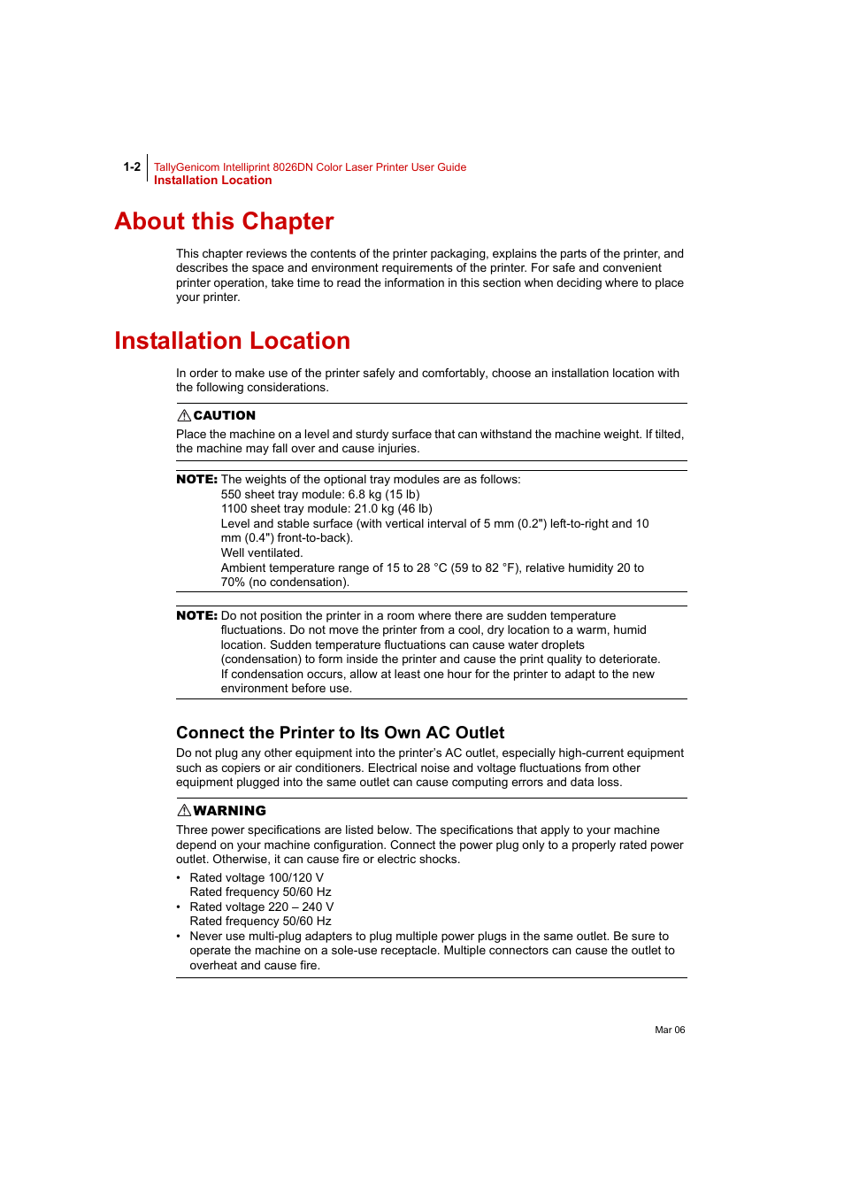About this chapter, Installation location, Connect the printer to its own ac outlet | About this chapter 1-2, Installation location 1-2, Connect the printer to its own ac outlet 1-2 | Tally Genicom Intelliprint 8026DN User Manual | Page 30 / 260