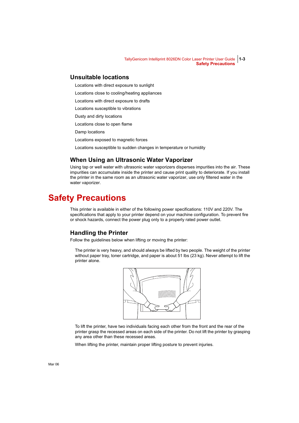 Unsuitable locations, When using an ultrasonic water vaporizer, Safety precautions | Handling the printer, Safety precautions 1-3, Handling the printer 1-3 | Tally Genicom Intelliprint 8026DN User Manual | Page 31 / 260