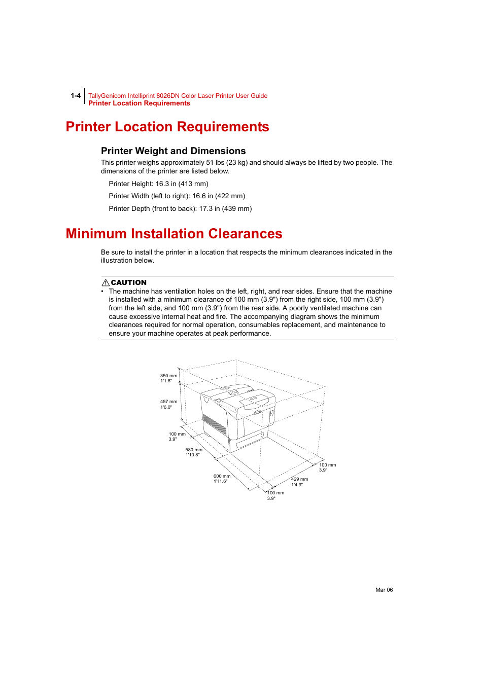Printer location requirements, Printer weight and dimensions, Minimum installation clearances | Printer location requirements 1-4, Printer weight and dimensions 1-4, Minimum installation clearances 1-4 | Tally Genicom Intelliprint 8026DN User Manual | Page 32 / 260