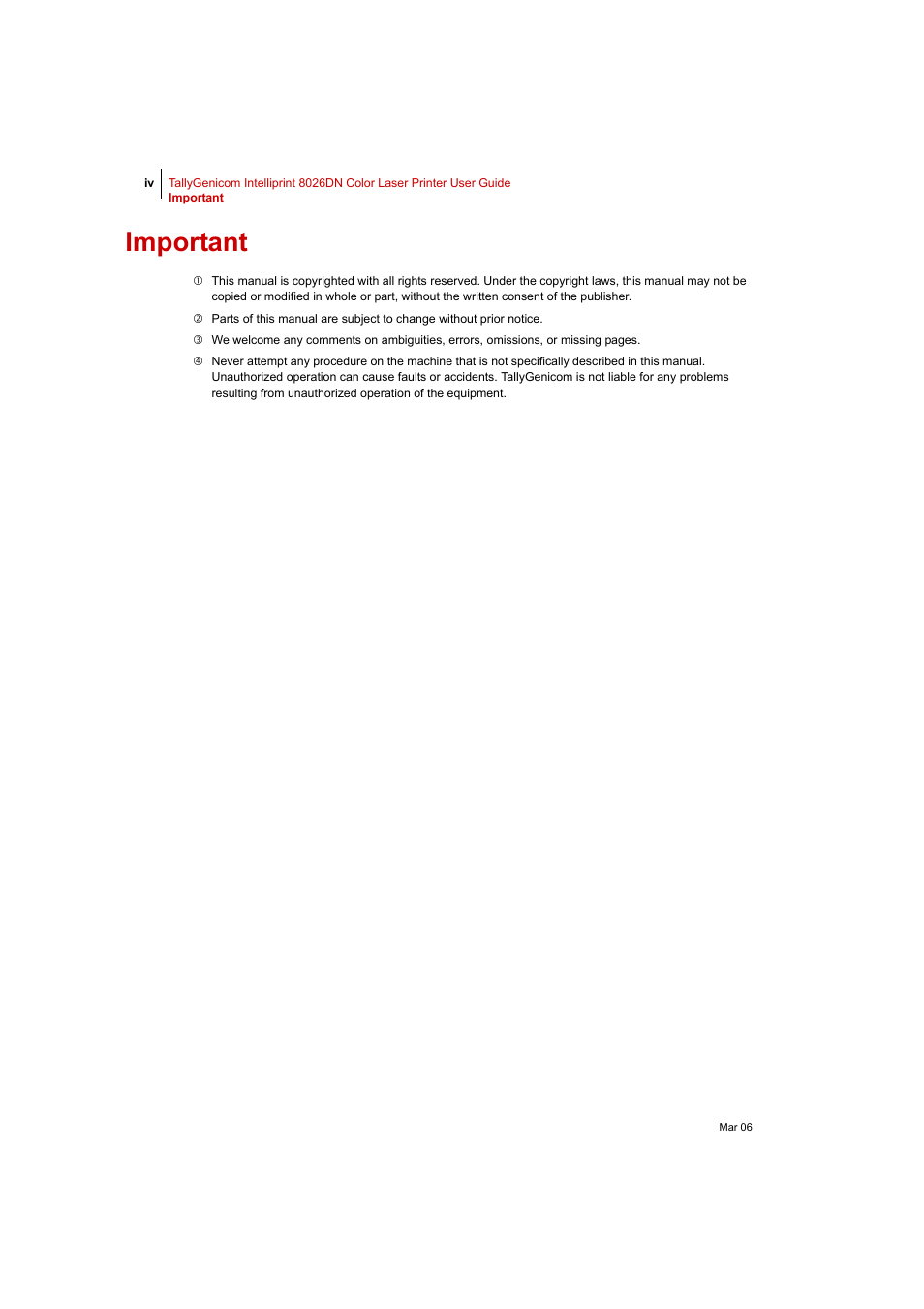 Important | Tally Genicom Intelliprint 8026DN User Manual | Page 4 / 260