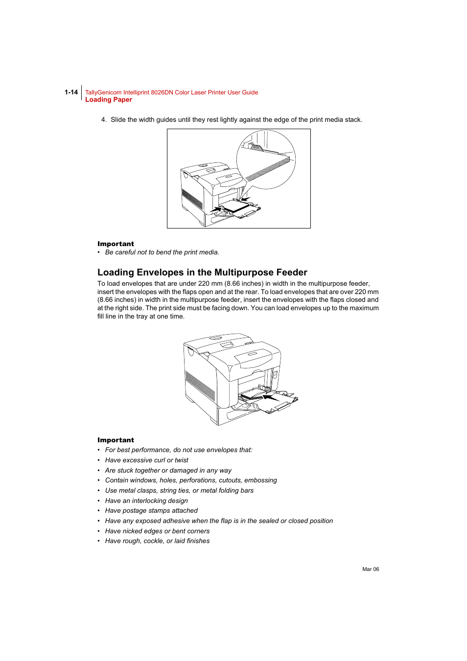Loading envelopes in the multipurpose feeder, Loading envelopes in the multipurpose feeder 1-14, Er: “loading envelopes in the multipurpose feeder | P. 1-14) | Tally Genicom Intelliprint 8026DN User Manual | Page 42 / 260