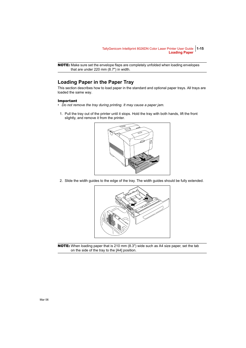 Loading paper in the paper tray, Loading paper in the paper tray 1-15 | Tally Genicom Intelliprint 8026DN User Manual | Page 43 / 260
