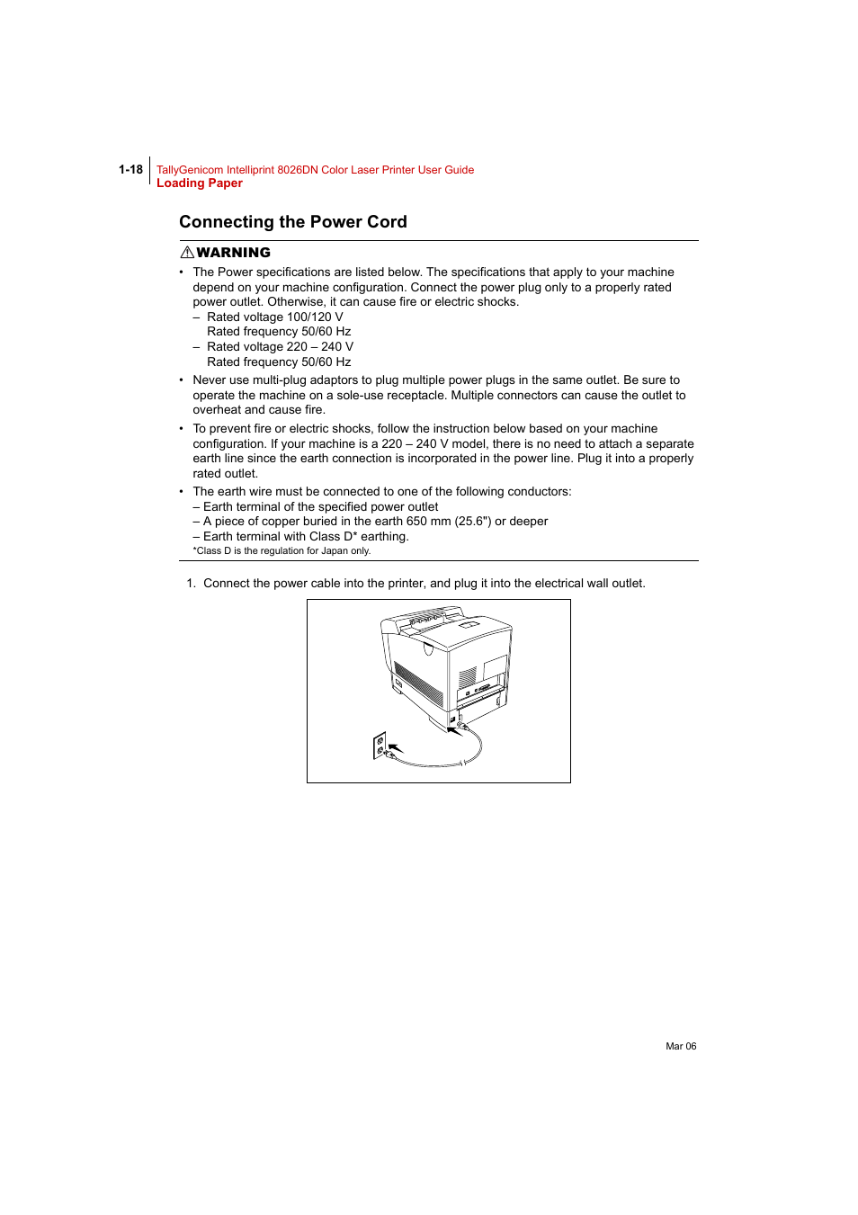 Connecting the power cord, Connecting the power cord 1-18 | Tally Genicom Intelliprint 8026DN User Manual | Page 46 / 260