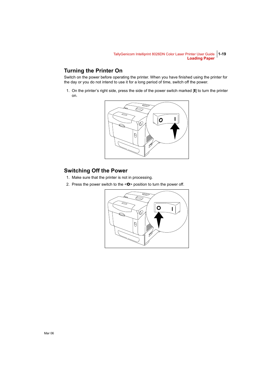 Turning the printer on, Switching off the power | Tally Genicom Intelliprint 8026DN User Manual | Page 47 / 260