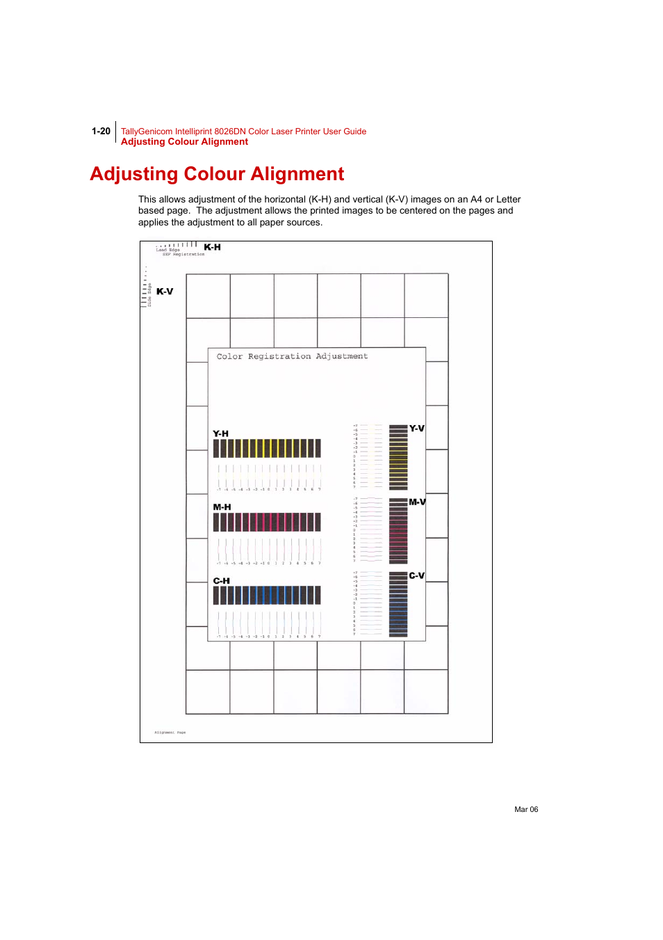 Adjusting colour alignment, Adjusting colour alignment 1-20 | Tally Genicom Intelliprint 8026DN User Manual | Page 48 / 260