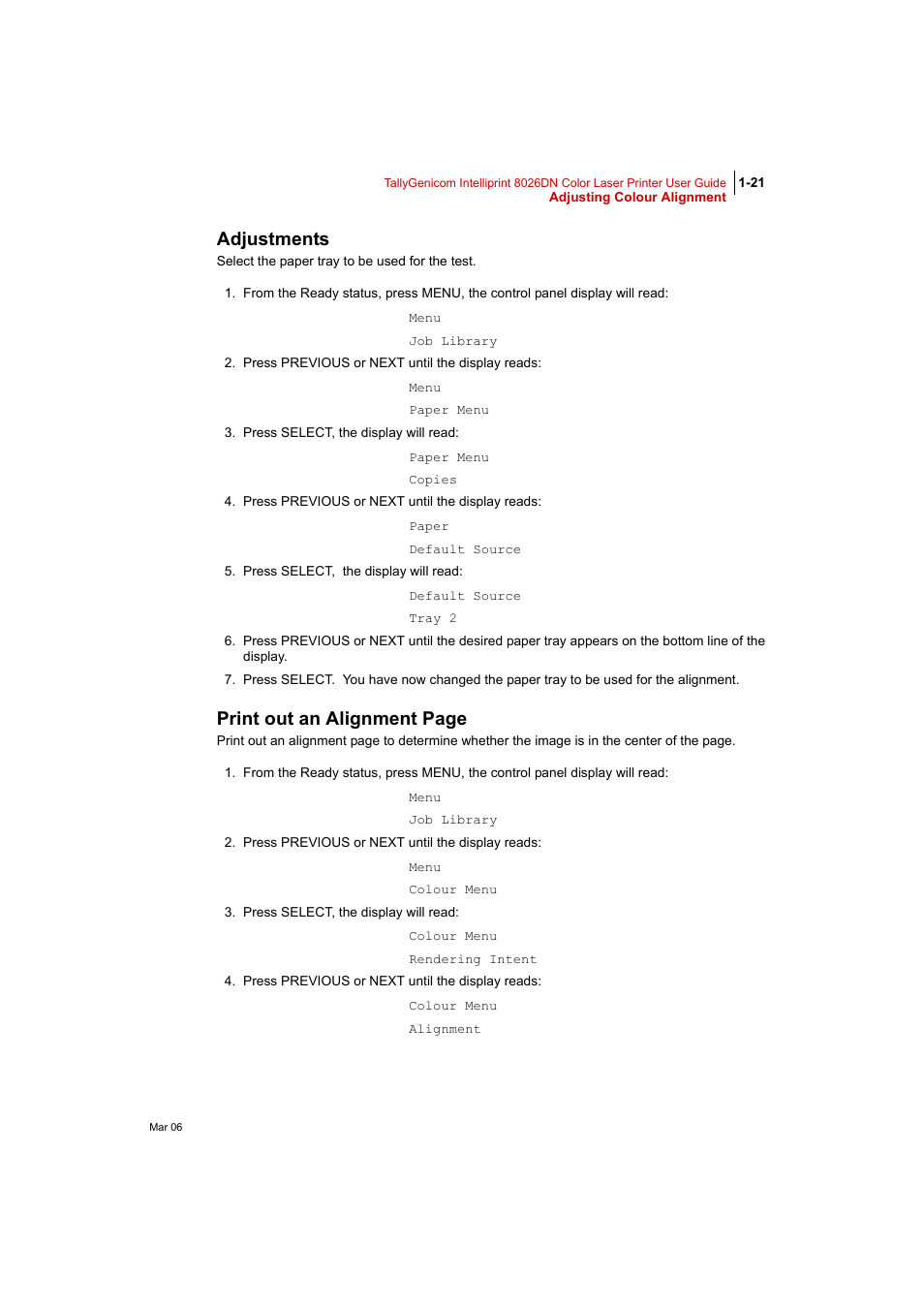 Adjustments, Print out an alignment page | Tally Genicom Intelliprint 8026DN User Manual | Page 49 / 260