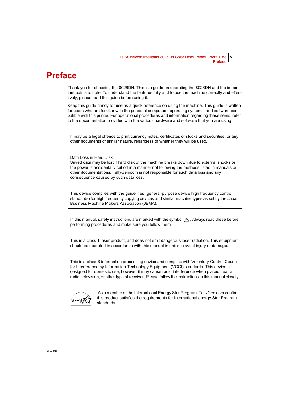 Preface | Tally Genicom Intelliprint 8026DN User Manual | Page 5 / 260