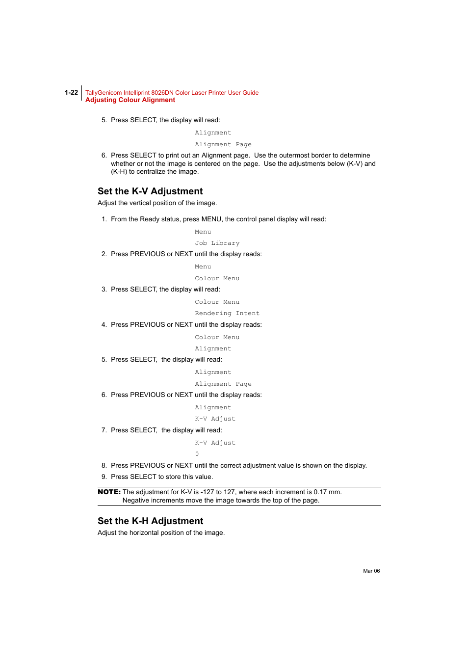 Set the k-v adjustment, Set the k-h adjustment | Tally Genicom Intelliprint 8026DN User Manual | Page 50 / 260