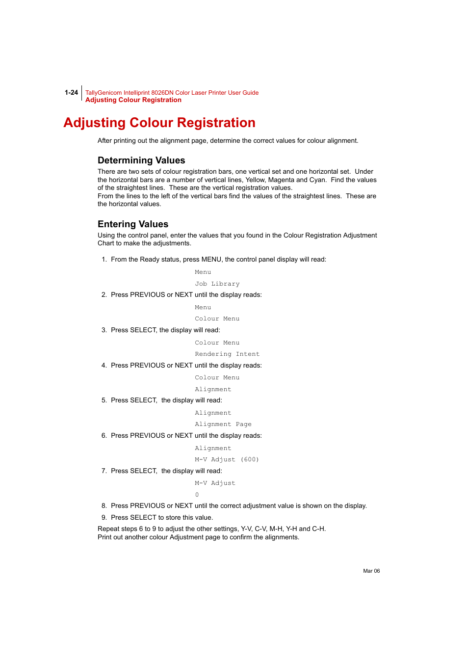 Adjusting colour registration, Determining values, Entering values | Adjusting colour registration 1-24, Determining values 1-24 entering values 1-24 | Tally Genicom Intelliprint 8026DN User Manual | Page 52 / 260