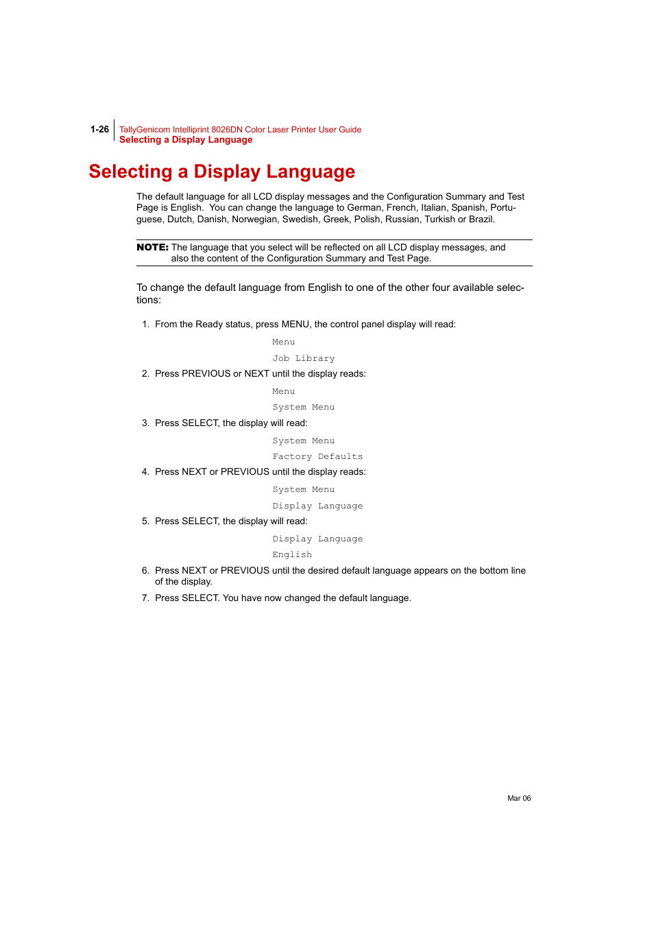 Selecting a display language, Selecting a display language 1-26 | Tally Genicom Intelliprint 8026DN User Manual | Page 54 / 260