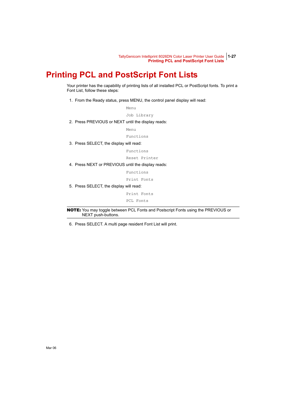 Printing pcl and postscript font lists, Printing pcl and postscript font lists 1-27 | Tally Genicom Intelliprint 8026DN User Manual | Page 55 / 260