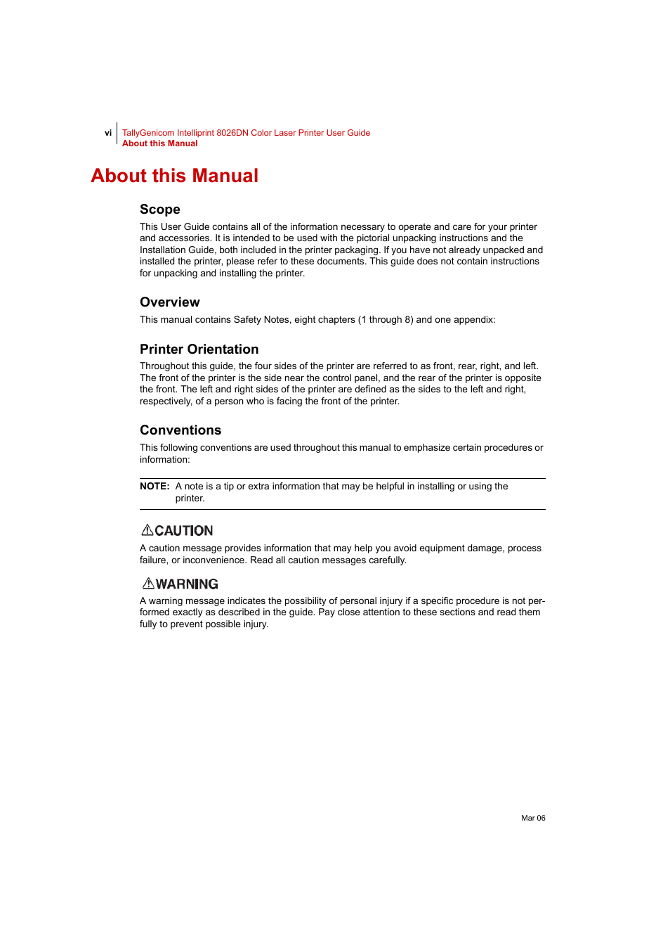 About this manual, Scope, Overview | Printer orientation, Conventions | Tally Genicom Intelliprint 8026DN User Manual | Page 6 / 260