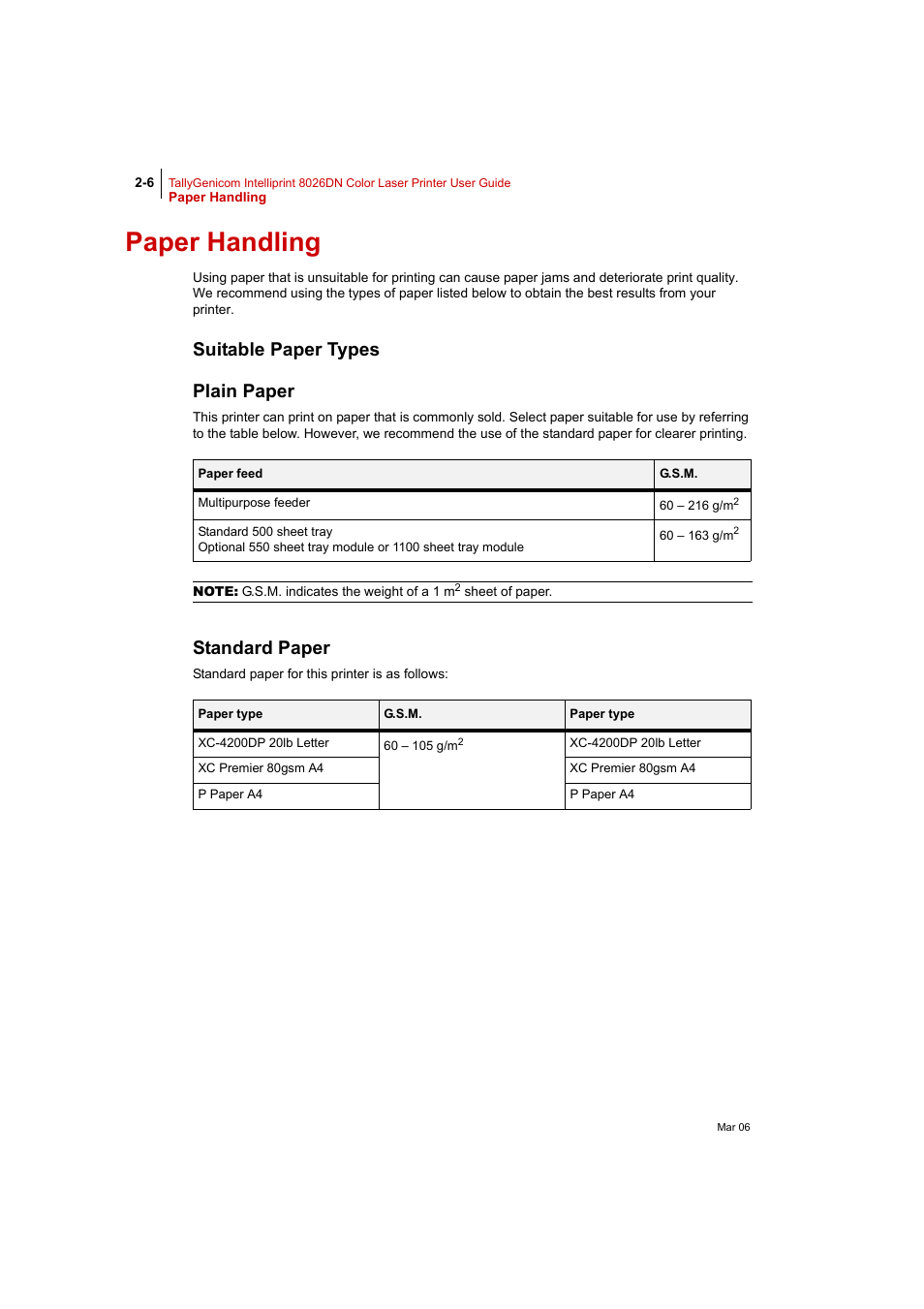 Paper handling, Suitable paper types, Plain paper | Standard paper, Paper handling 2-6, P. 2-6) fo, Suitable paper types plain paper | Tally Genicom Intelliprint 8026DN User Manual | Page 62 / 260