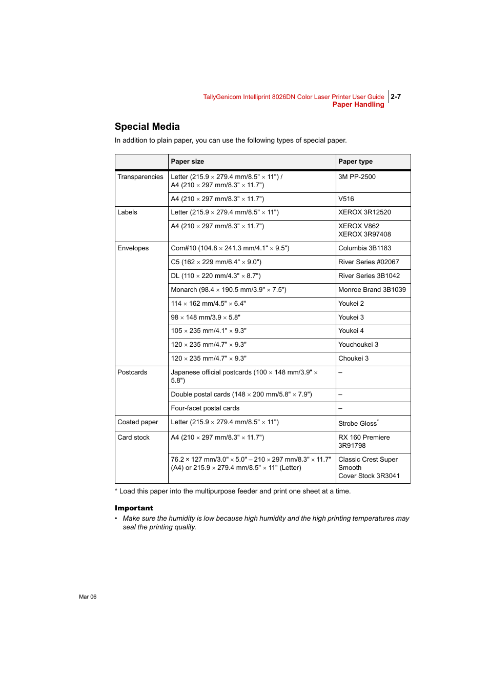Special media, Special media 2-7 | Tally Genicom Intelliprint 8026DN User Manual | Page 63 / 260