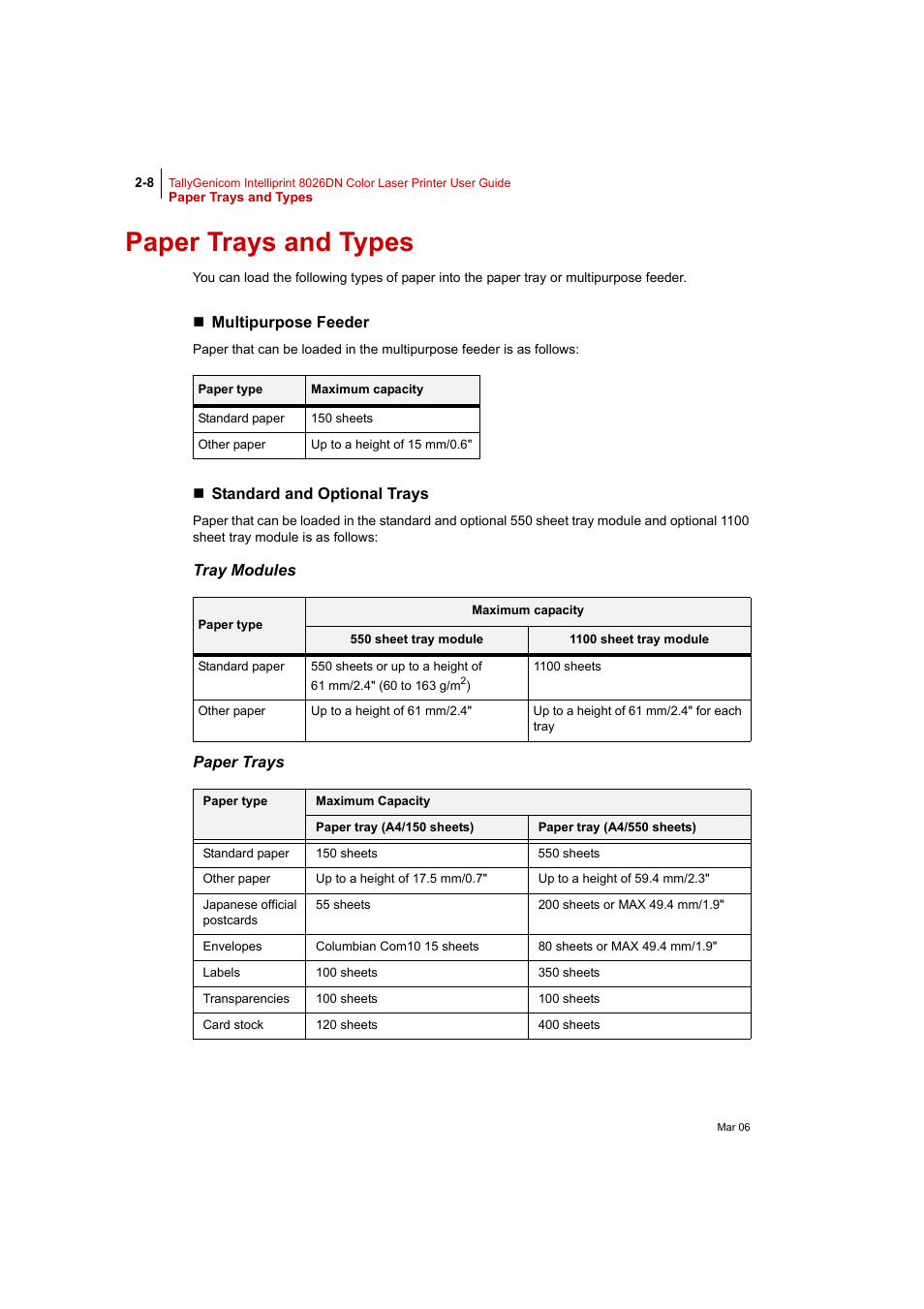 Paper trays and types, Tray modules, Paper trays | Paper trays and types 2-8, Tray modules 2-8 paper trays 2-8 | Tally Genicom Intelliprint 8026DN User Manual | Page 64 / 260