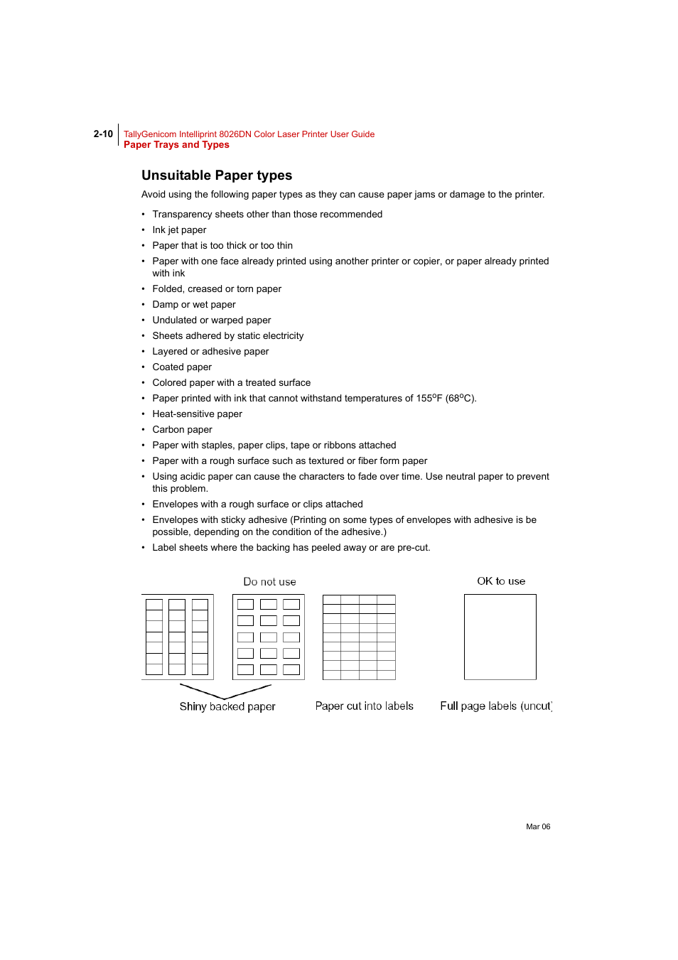 Unsuitable paper types, Unsuitable paper types 2-10 | Tally Genicom Intelliprint 8026DN User Manual | Page 66 / 260