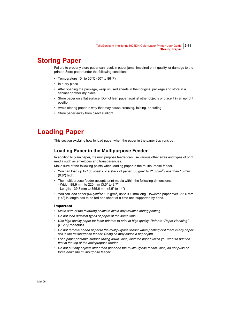 Storing paper, Loading paper, Loading paper in the multipurpose feeder | Storing paper 2-11, Loading paper 2-11, Loading paper in the multipurpose feeder 2-11, Loading paper” (p. 2-11) | Tally Genicom Intelliprint 8026DN User Manual | Page 67 / 260