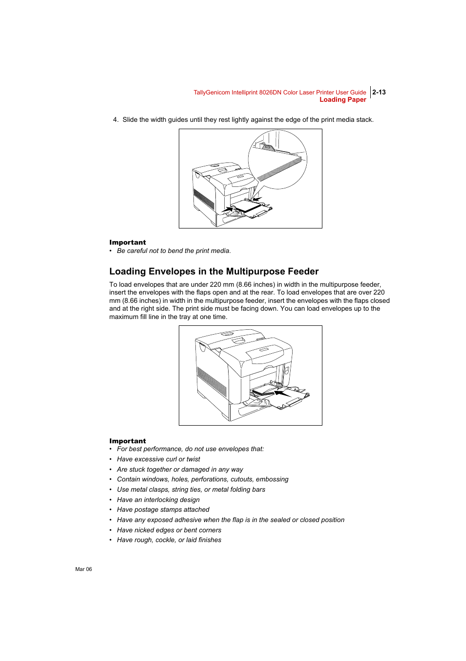 Loading envelopes in the multipurpose feeder, Loading envelopes in the multipurpose feeder 2-13 | Tally Genicom Intelliprint 8026DN User Manual | Page 69 / 260