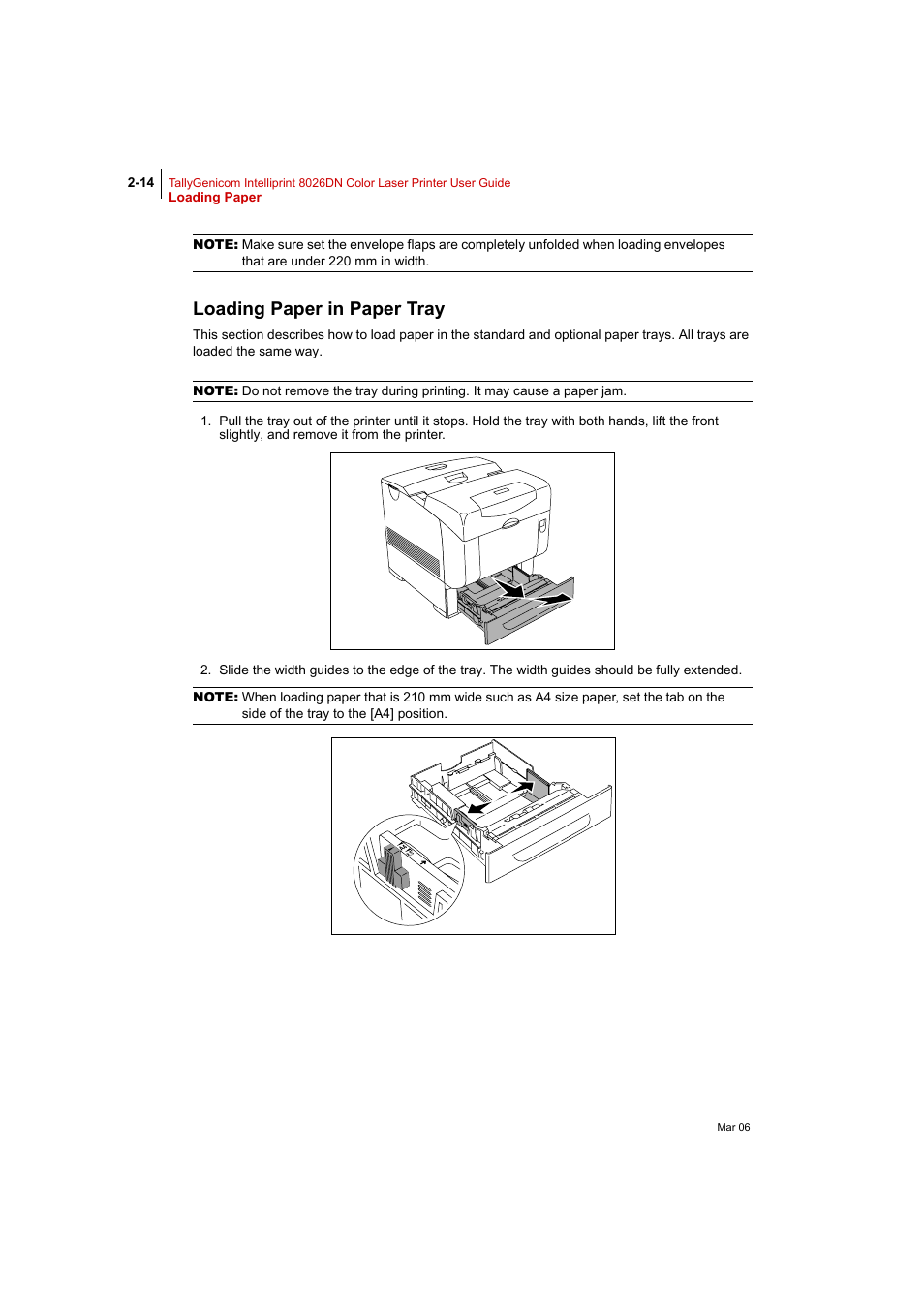 Loading paper in paper tray, Loading paper in paper tray 2-14 | Tally Genicom Intelliprint 8026DN User Manual | Page 70 / 260