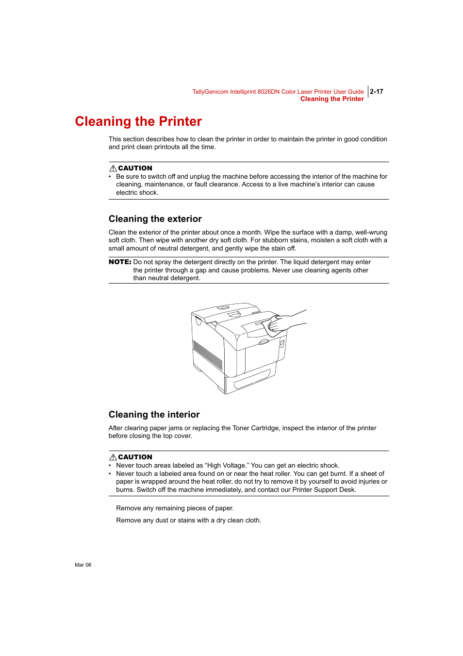 Cleaning the printer, Cleaning the exterior, Cleaning the interior | Cleaning the printer 2-17 | Tally Genicom Intelliprint 8026DN User Manual | Page 73 / 260