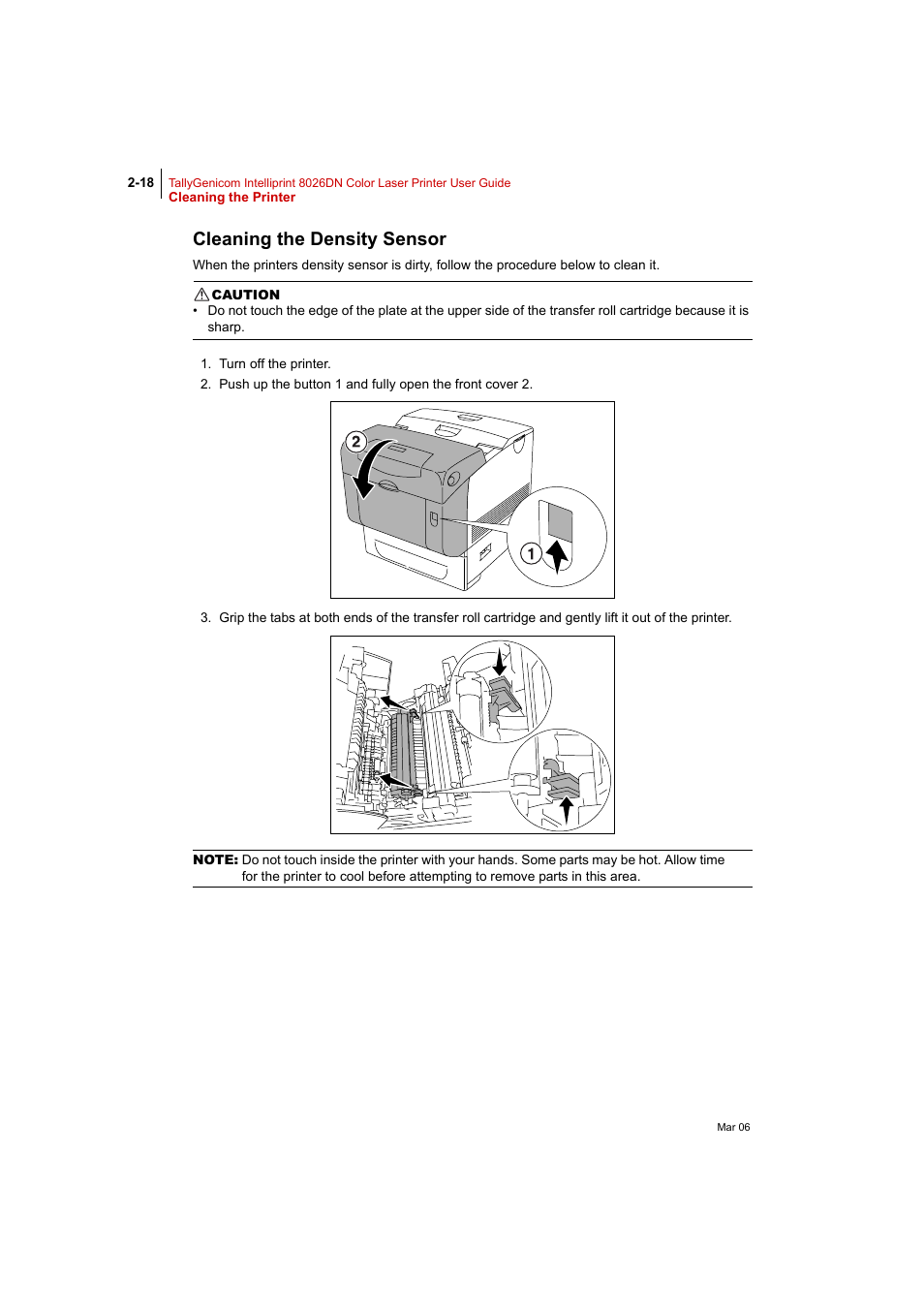 Cleaning the density sensor, Cleaning the density sensor 2-18 | Tally Genicom Intelliprint 8026DN User Manual | Page 74 / 260
